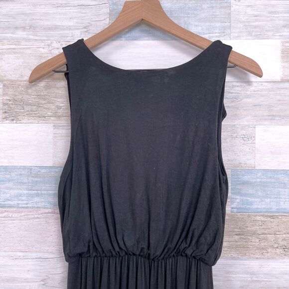 LOFT Ruffle V Back Dress Black Tasseled Stretch Jersey Knit Casual Womens XS - Picture 5 of 8